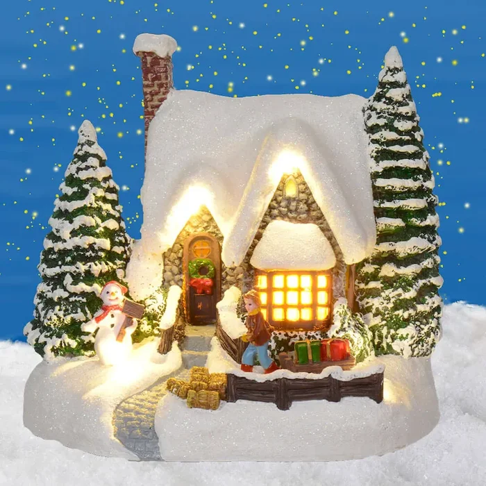 Beleuchtete Winterszene „Verschneites Haus mit Schneemann und Kind“ Bestellnummer 9004105