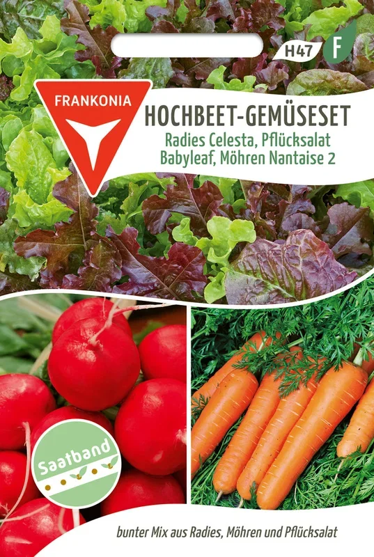 Frankonia Samen Gemüsesamen-Mischungen Radies Celesta, Pflücksalat Babyleaf, Möhren Nantaise 2 Saatband