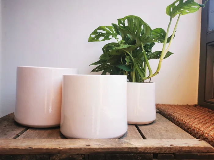 Glanzende pot in gebroken wit