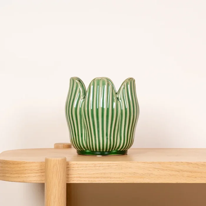 Keramik Übertopf Blattdesign Grün – 14 cm