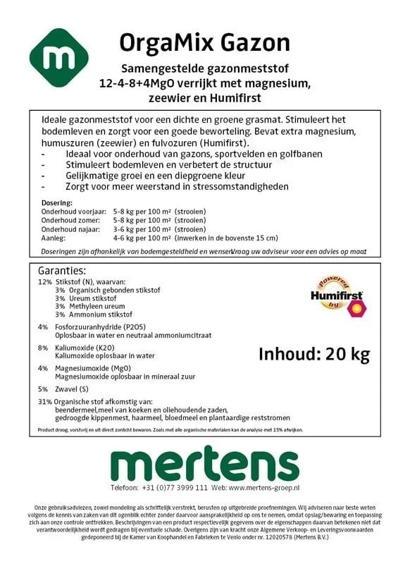 OrgaMix Rasendünger 20 kg | NPK 12-4-8
