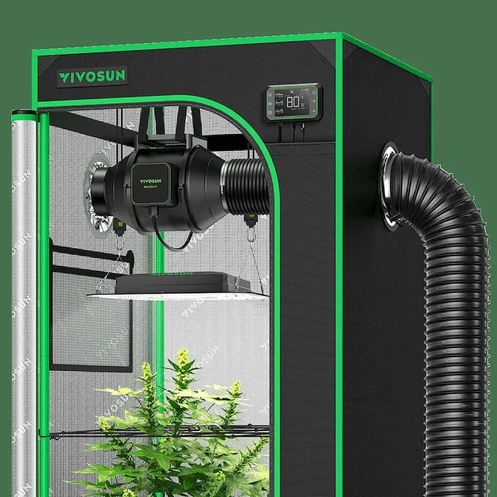 Smart Grow Tent Kit GIY-SE-44 4×4, 4-Plant Complete System, with WiFi E42A Controller, 2x 200W AeroLight Wing SE LED Grow Light, and 6-inch AeroZesh S6 Ventilation Combo