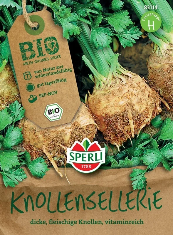 Sperli BIO Knollensellerie, Bund- und Knollensellerie bildet dicke fleischige grün-weiße Knollen, widerstandsfähig, sehr gute Lagerfähigkeit