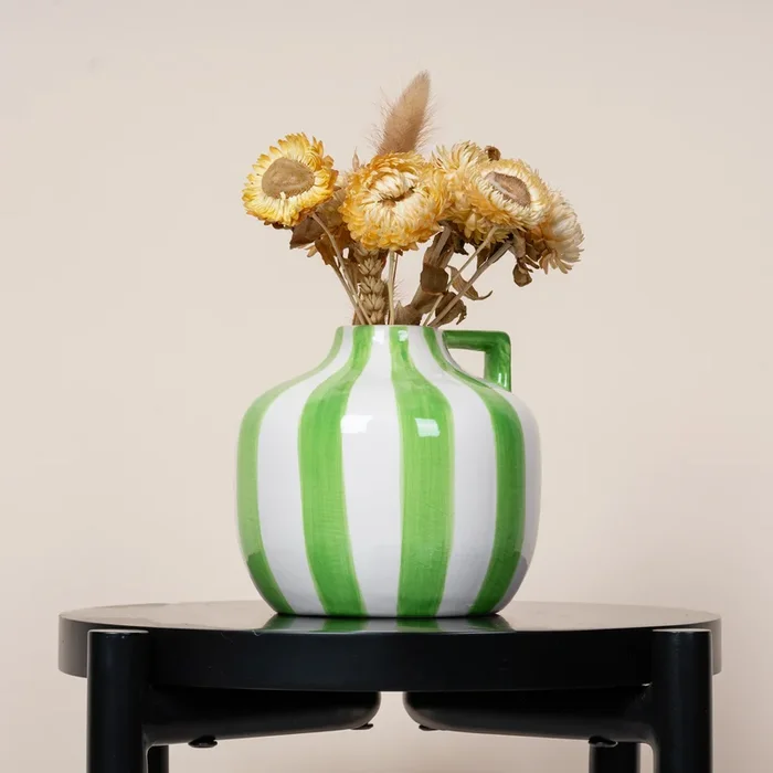 Steingut Vase Streifen Grün/Weiß