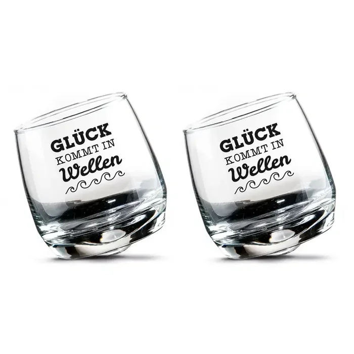 Wackelgläser „Glück kommt in Wellen“, ca. Ø 7,5 x H 8,5 cm, 2 Stück